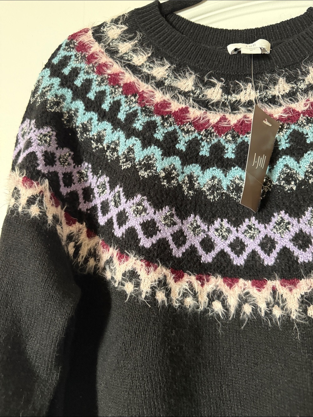 J. Jill Black Crewneck Sweater with Teal, Lavender & Burgundy Fair Isle Yoke - Picture 3 of 8